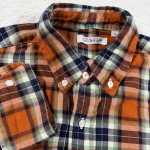 GUSTIN Flannel Orange Plaid Button Down Shirt Long Sleeve Cotton USA Made Mens M